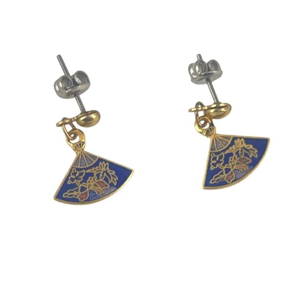 Gold & Blue Fan-Shaped Dangle Earrings With Floral Enamel Design - Picture 7 of 7